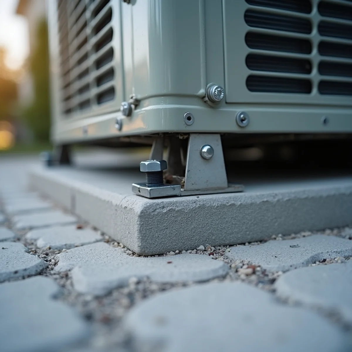 Close-up of stainless steel hurricane tie-down brackets and masonry anchor bolts securing ac unit to hurricane pad during ac installation & replacement in South Florida
