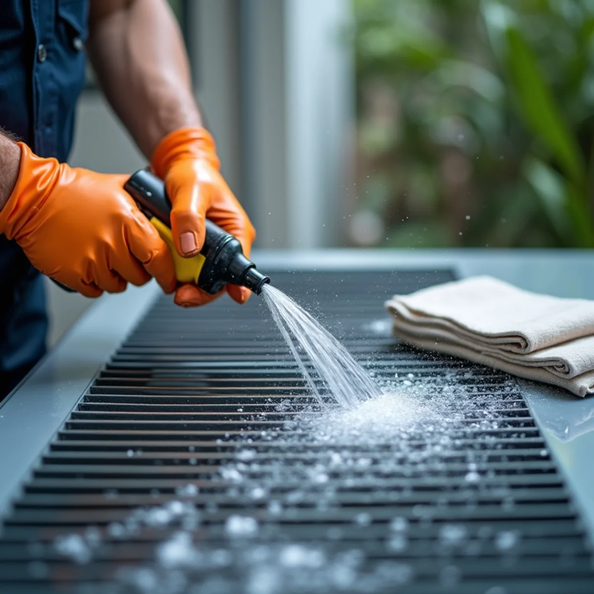 Rich foaming cleaner dissolving dirt and grime on outdoor heat pump coil, clear water rinse restoring aluminum fin shine during ac maintenance & tune-ups in South Florida