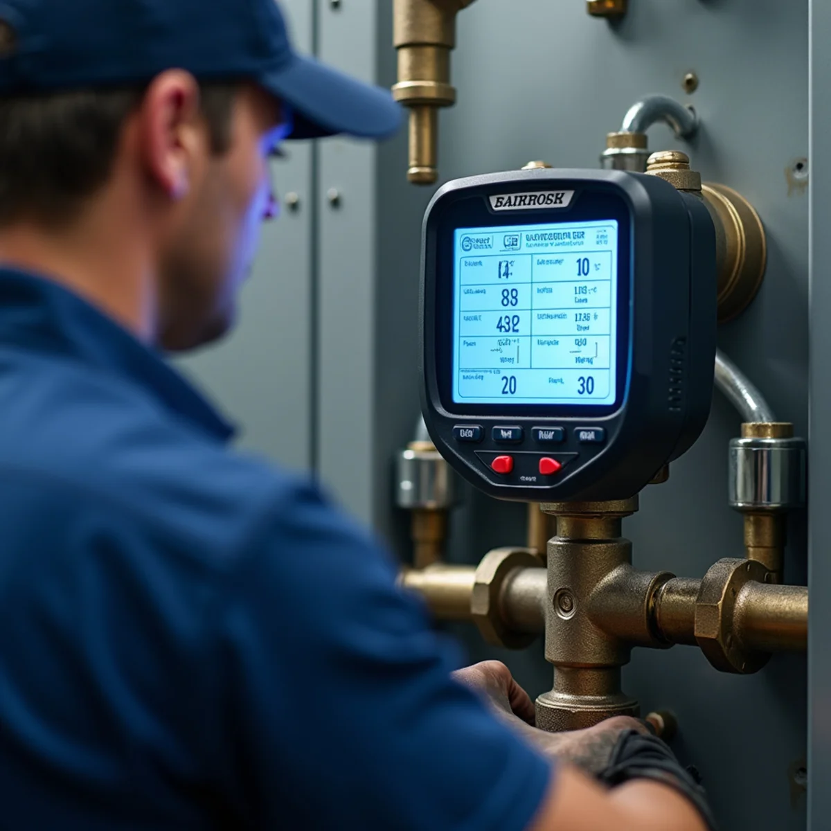 Digital refrigeration manifold gauge connected to service ports displaying accurate superheat and subcooling readings on backlit screen during ac maintenance & tune-ups in South Florida