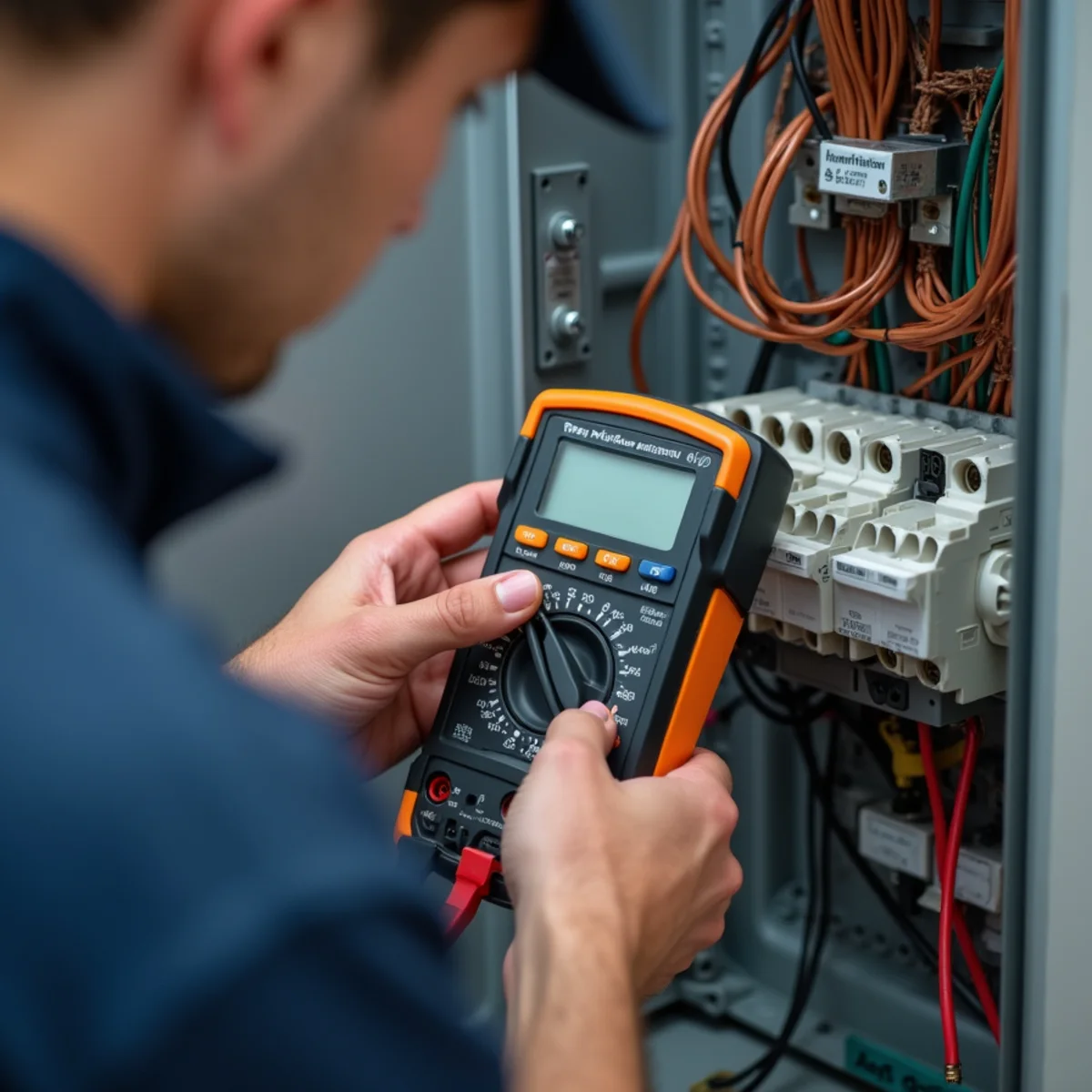 Technician testing capacitor microfarads with calibrated digital multimeter, close-up of copper wiring and contactor in open ac electrical service panel during ac repair in South Florida