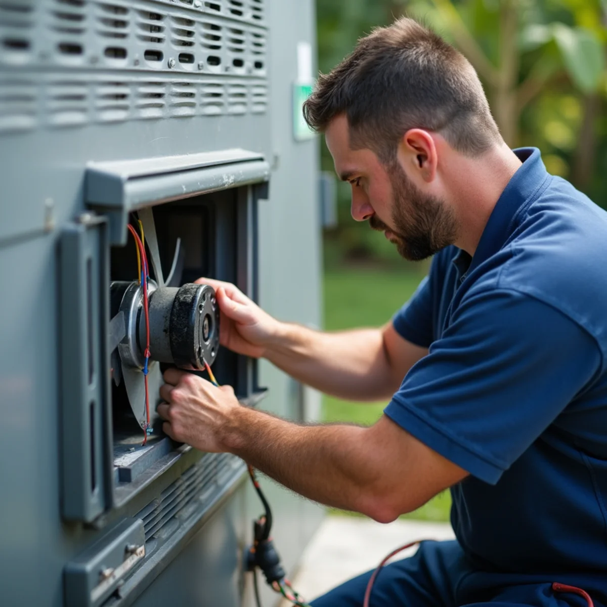 Technician carefully mounting a new outdoor condenser fan blade and motor assembly, checking wire harness and fan shroud alignment during ac repair in South Florida