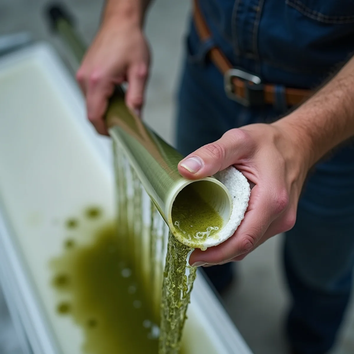 Technician holding transparent pvc pipe section clogged with thick algae plug - Comfort SOS Guide