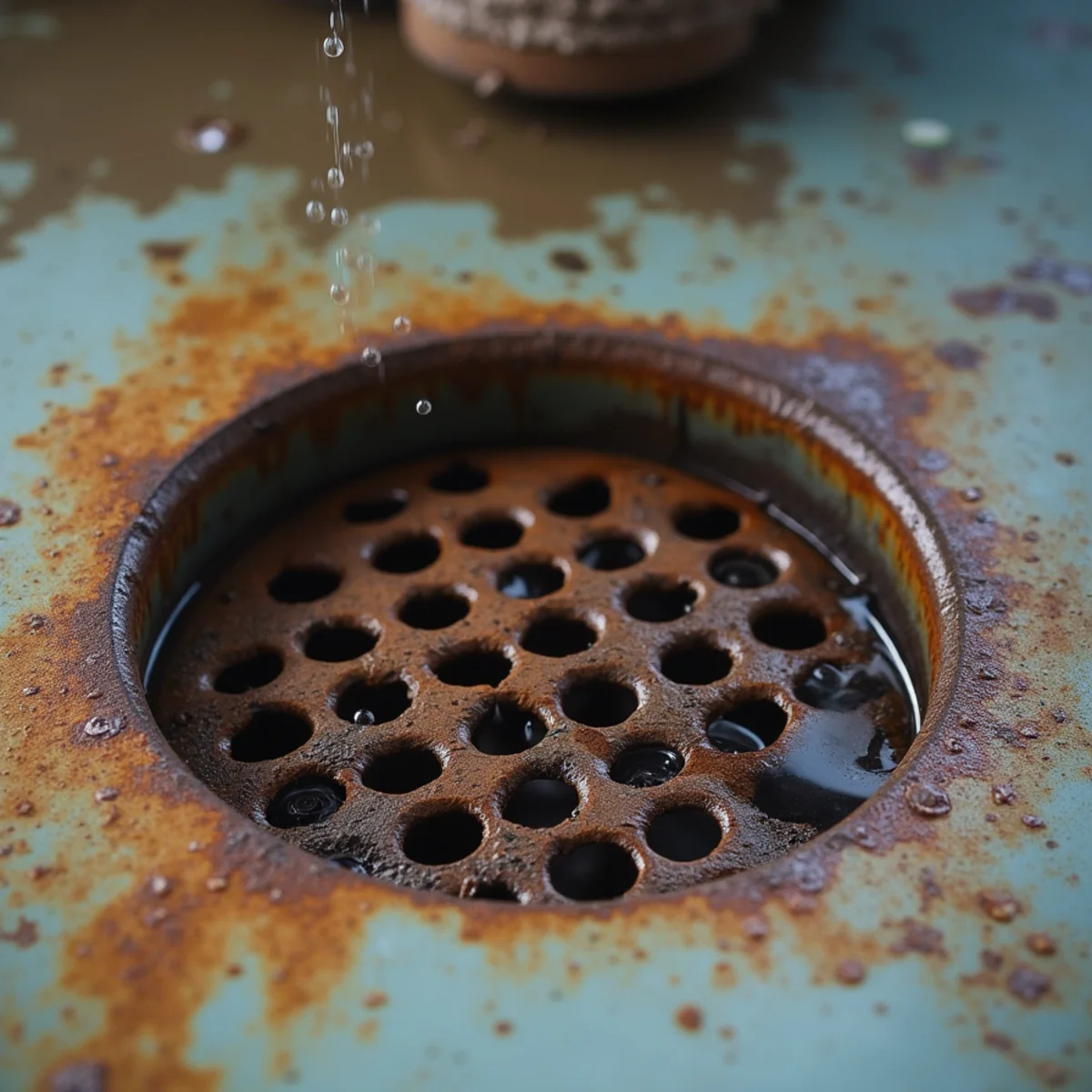 Corroded metal drain pan with pinhole rust perforations letting water leak through - Comfort SOS Guide