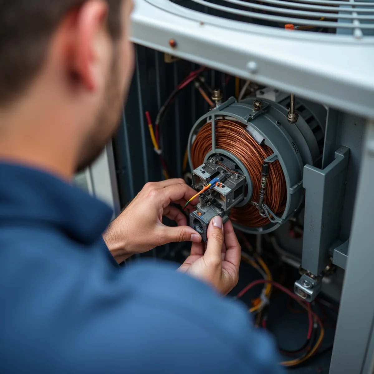 Outdoor condenser fan motor with copper windings being wired into contactor terminals - Comfort SOS Guide