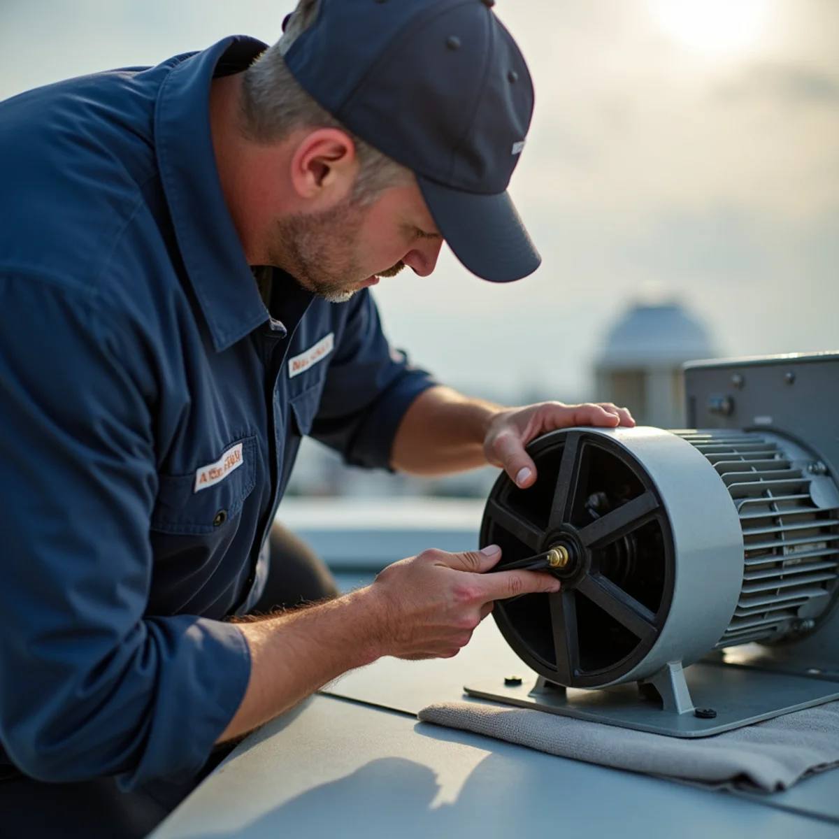 Technician checking tension and alignment of heavy-duty v-belt on commercial blower motor - Comfort SOS Guide