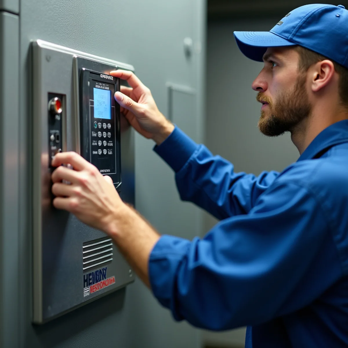 Technician resetting heavy-duty paragon defrost time clock inside refrigeration mechanical room - Comfort SOS Guide
