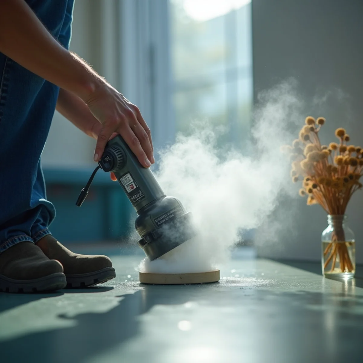 Ultrasonic cold fogger dispersing botanical antimicrobial mist into duct plenum - Comfort SOS Guide