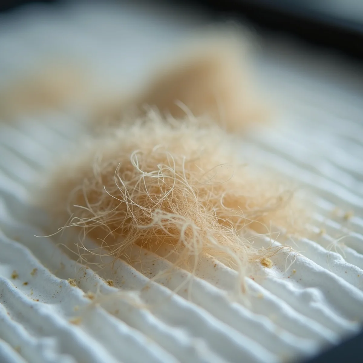 Close-up of pet hair and humidity-trapped lint coating pleated filter media - Comfort SOS Guide