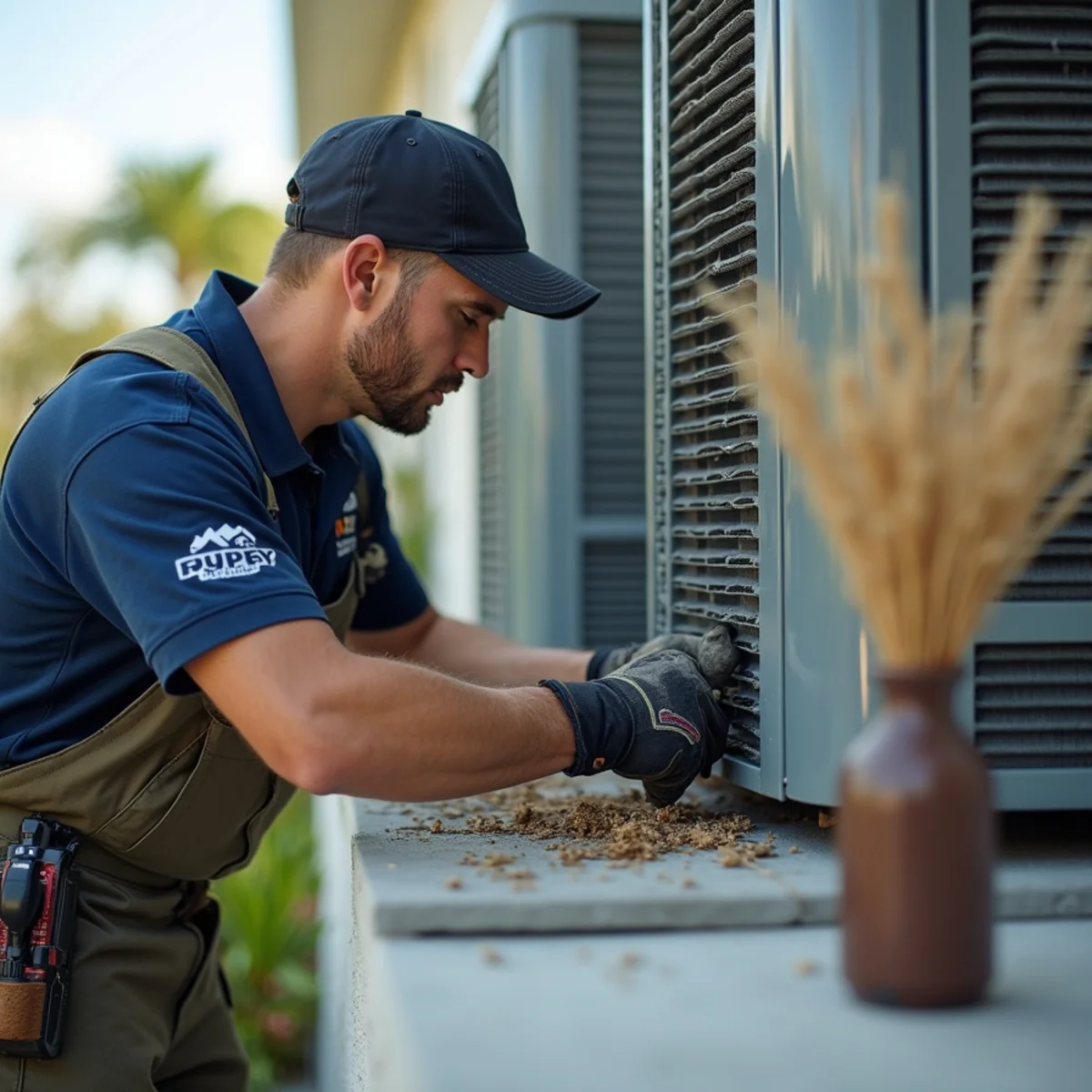 Technician showing how to remove debris and protect outdoor coil before storm landfall - Comfort SOS Guide