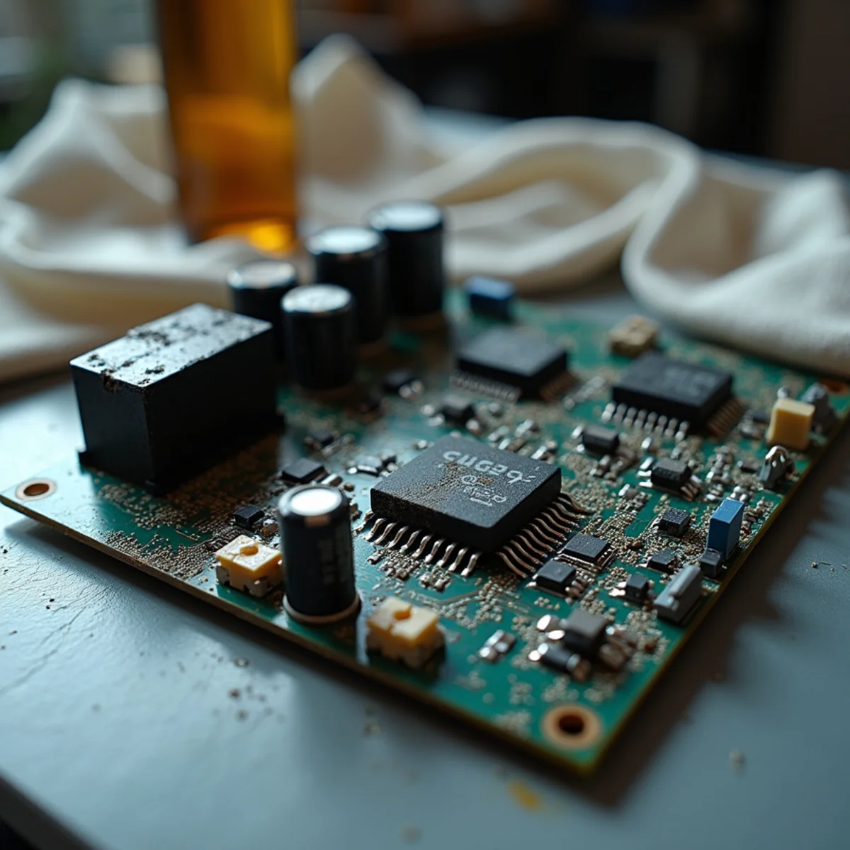 Blackened scorched circuit board and fried capacitor from direct electrical lightning surge - Comfort SOS Guide
