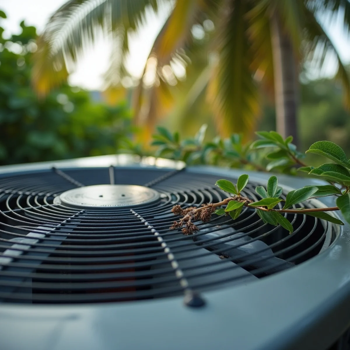 Condenser top fan guard dented by fallen palm tree branch after tropical storm - Comfort SOS Guide