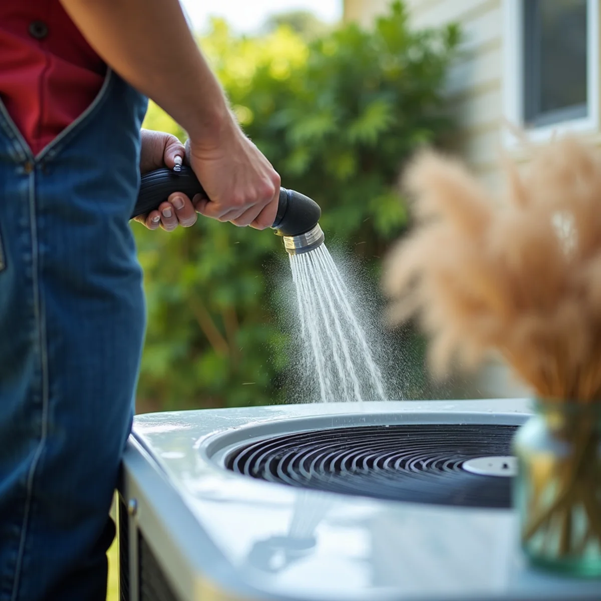 Homeowner using gentle garden hose freshwater stream to rinse salt off condenser fins - Comfort SOS Guide