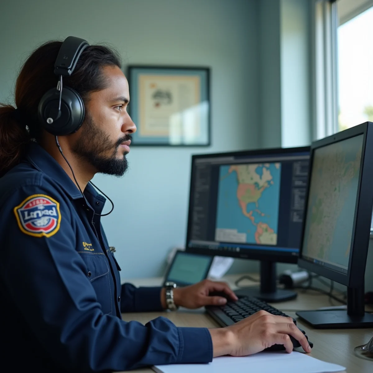 Dispatcher at service desk with dual monitors reviewing gps service vehicle locations in miami-dade - Comfort SOS Guide