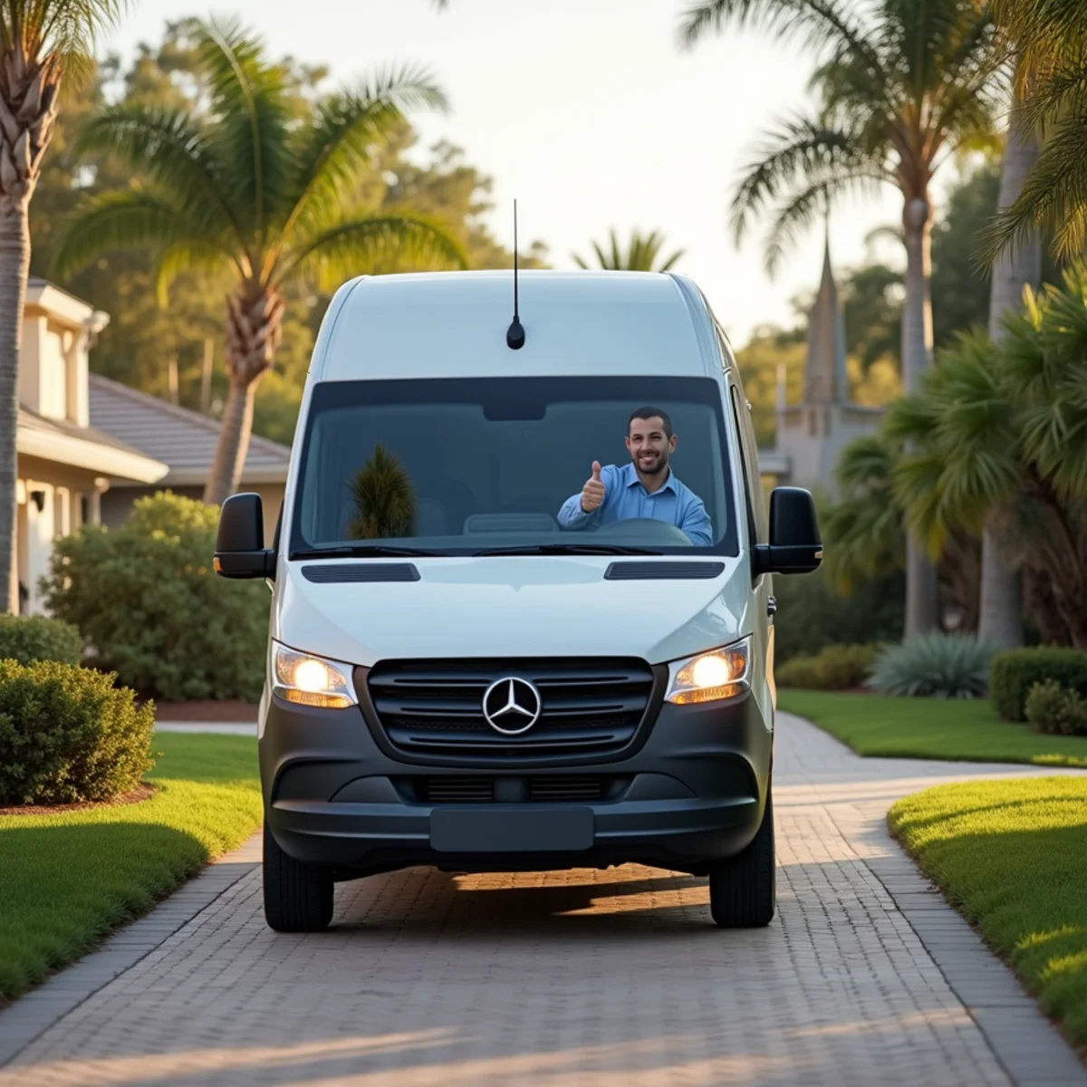 Service van pulling into paved driveway with driver smiling and signaling arrival - Comfort SOS Guide