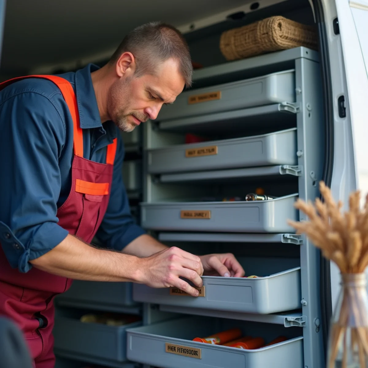 Technician selecting oem replacement parts directly from organized interior van bins - Comfort SOS Guide