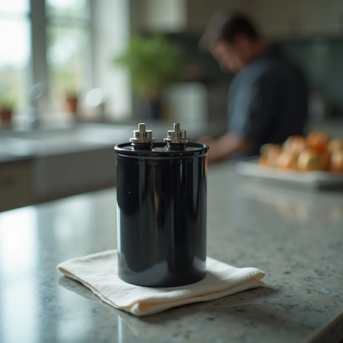 Swollen dual capacitor top with ruptured pressure relief seal - Comfort SOS Guide