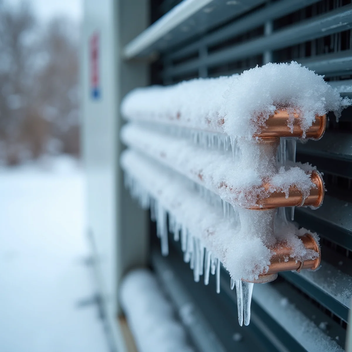 Solid block of white frost and ice covering copper suction line and evaporator fins - Comfort SOS Guide