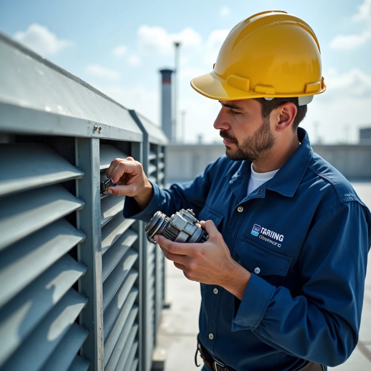 Technician checking outdoor air intake louvers and modulating damper motor actuator on commercial rooftop economizer during commercial hvac services in South Florida