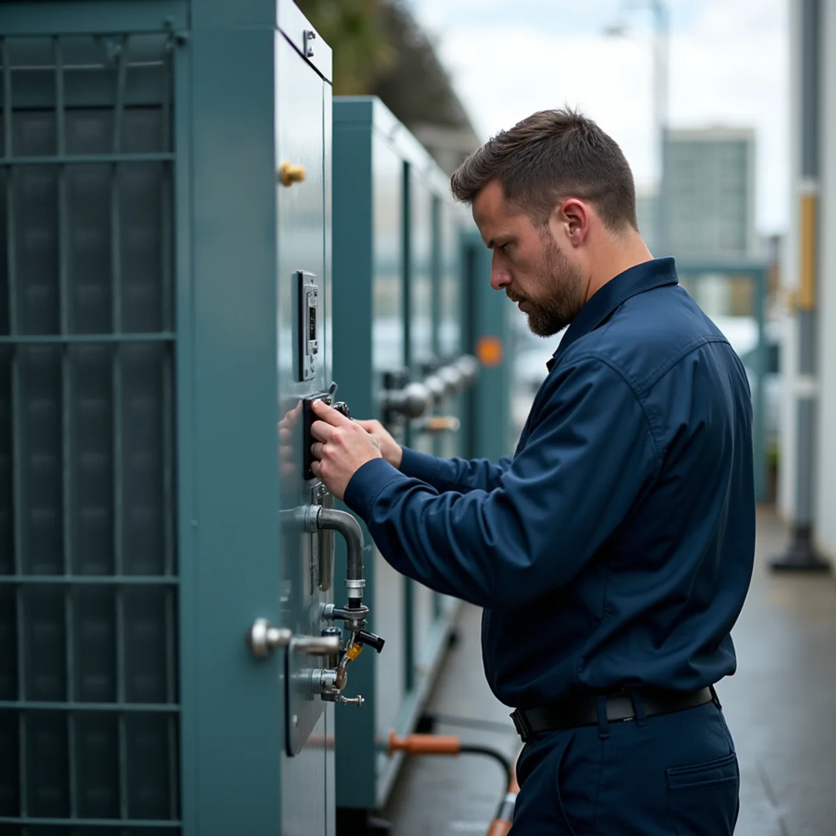 Commercial copeland semi-hermetic refrigeration compressor mounted on steel frame, technician checking oil sight glass level during commercial refrigeration repair in South Florida