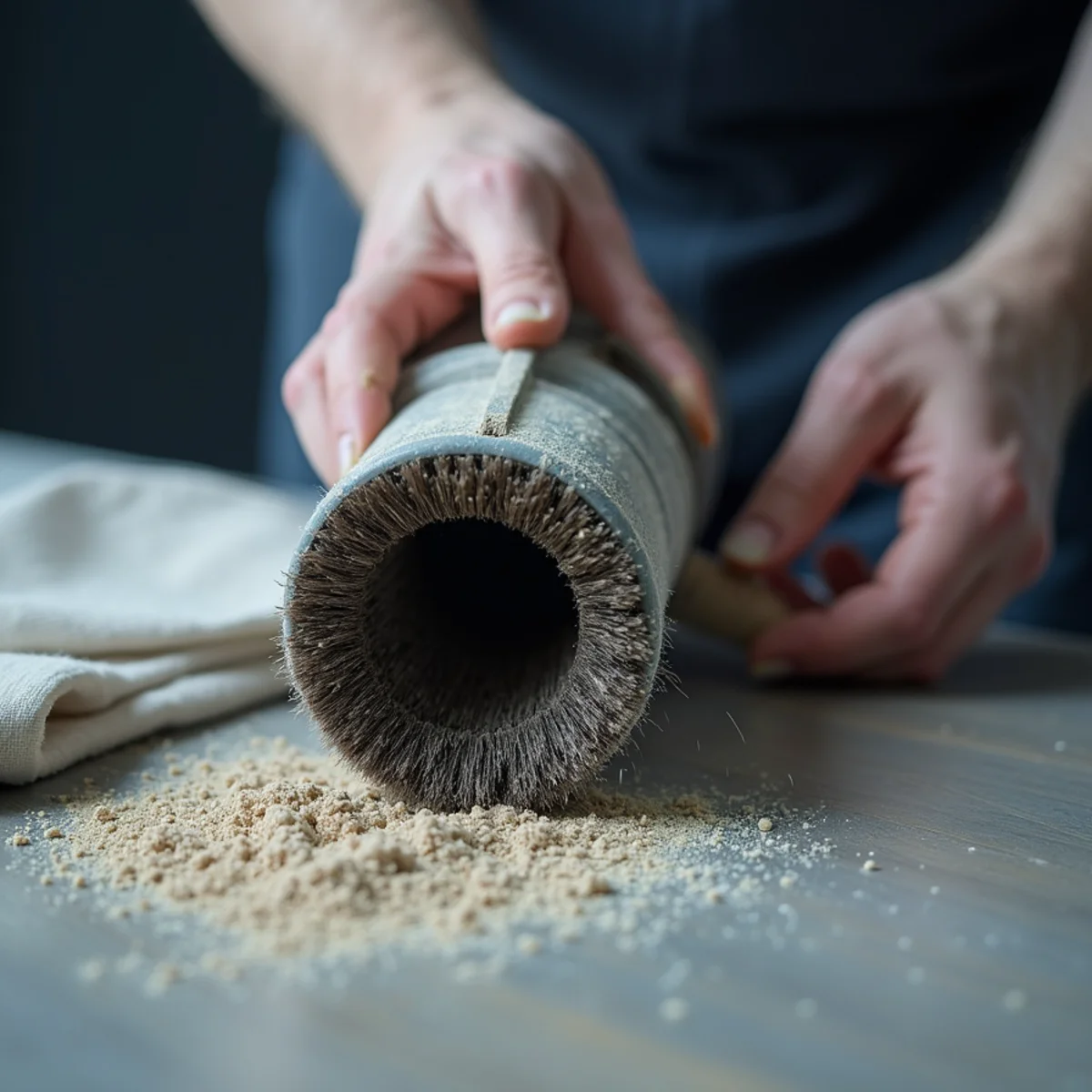 Close-up of flexible rotary brush bristles spinning inside metal duct branch dislodging dust particles during duct & vent cleaning in South Florida