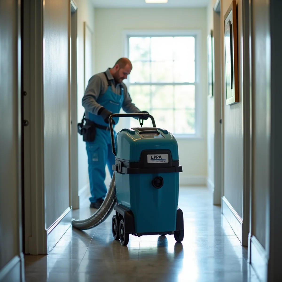 Commercial portable negative air vacuum unit with hepa filtration system running in hallway with intake duct connected during duct & vent cleaning in South Florida