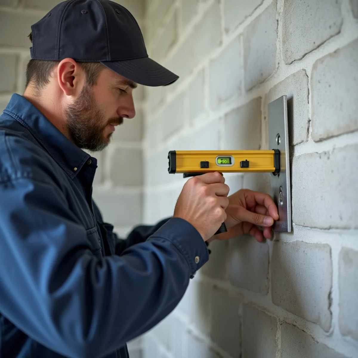 Technician using bubble level tool while securing heavy metal mounting plate to interior concrete block wall during ductless mini-split systems in South Florida