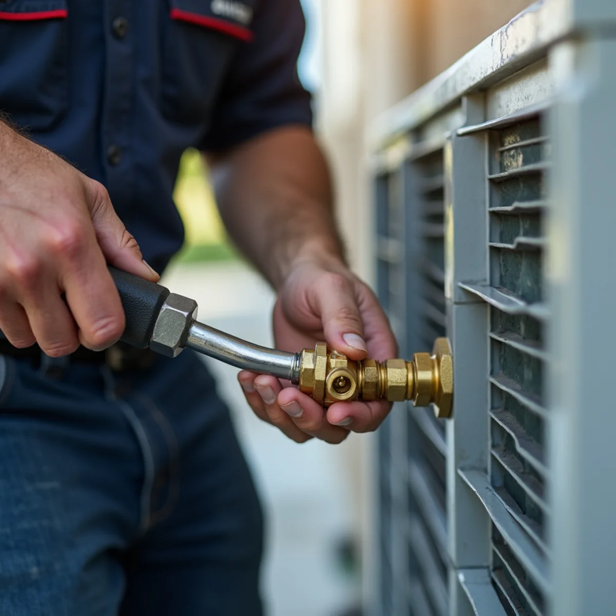 Technician using torque wrench to tighten brass flare nut fittings on outdoor mini-split inverter condenser lines during ductless mini-split systems in South Florida
