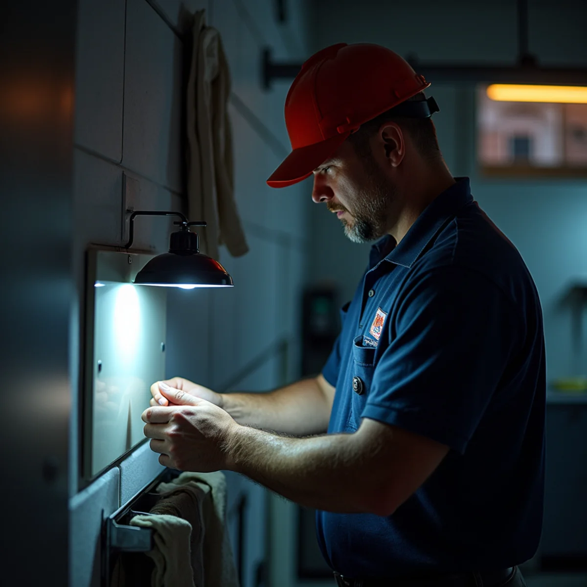 Technician working under portable led work light inspecting air handler in garage during late evening emergency call during 24/7 emergency ac repair in South Florida