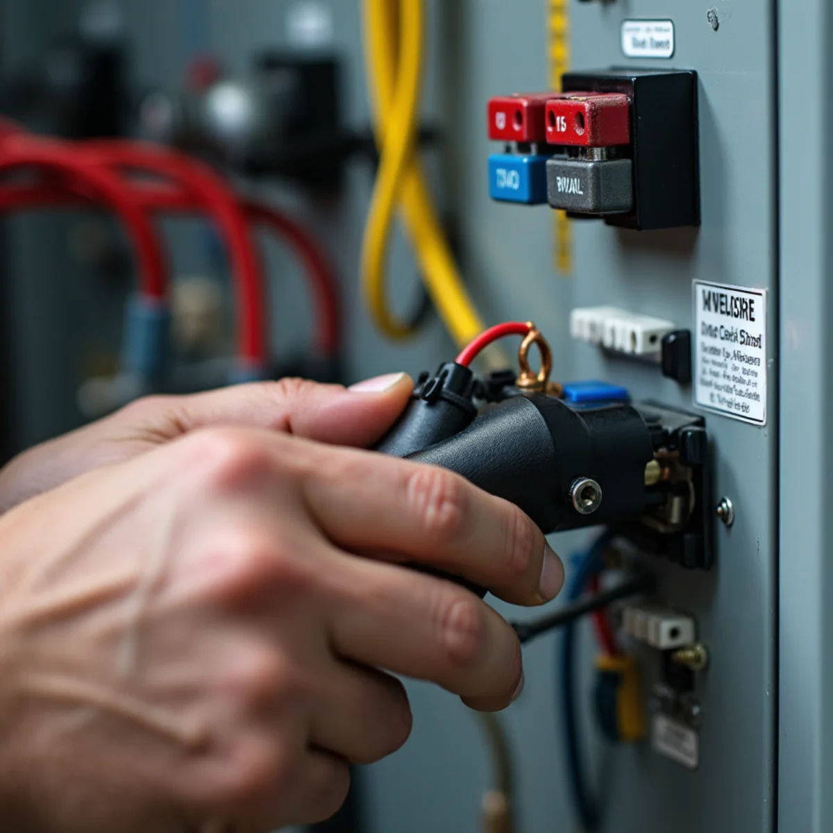 Close-up of technician replacing low-voltage 24-volt control transformer fuse on printed circuit control board during emergency hvac repair in South Florida