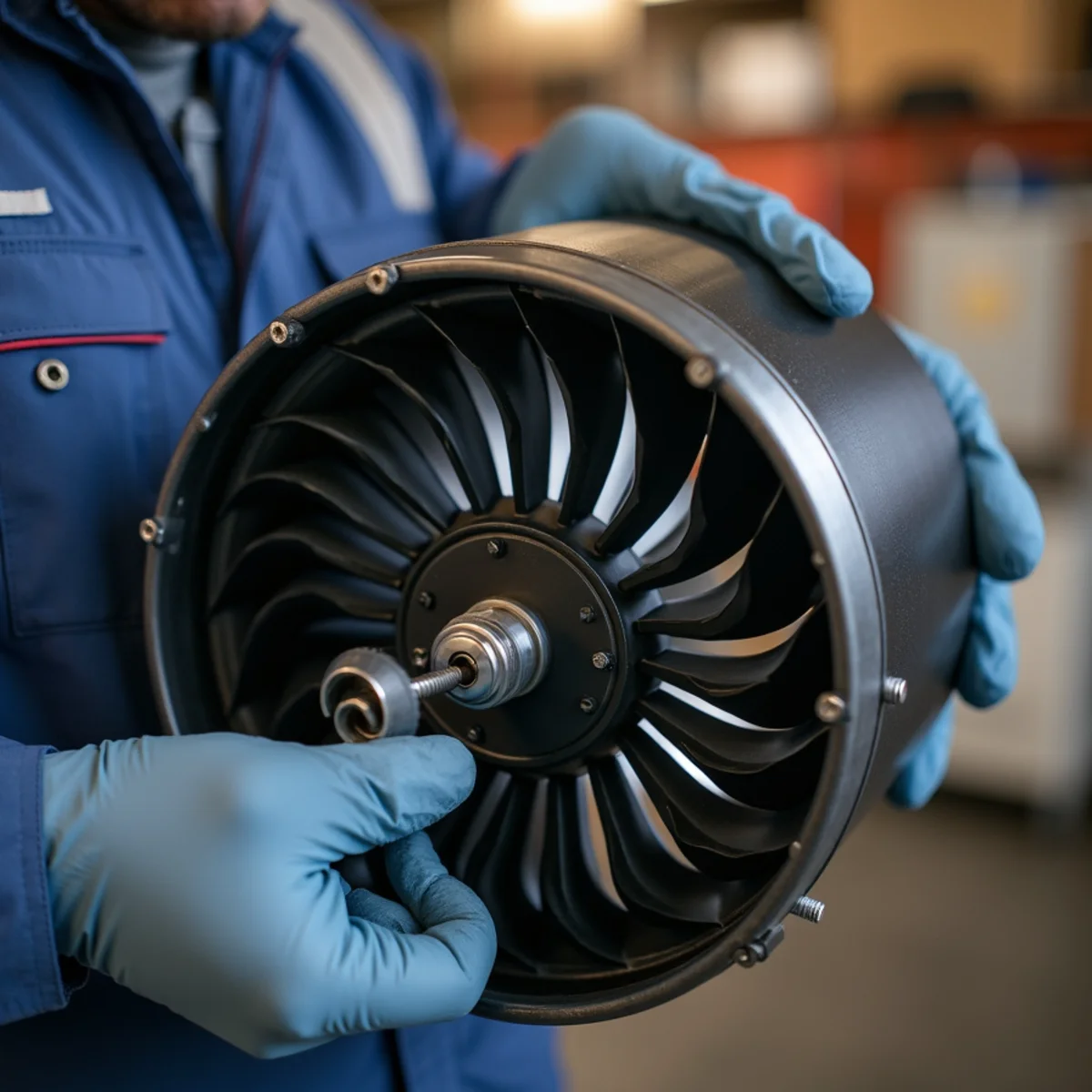 Technician holding clean squirrel cage blower wheel, inspecting curved fins and balance clips before reassembly during hvac repair & installation in South Florida
