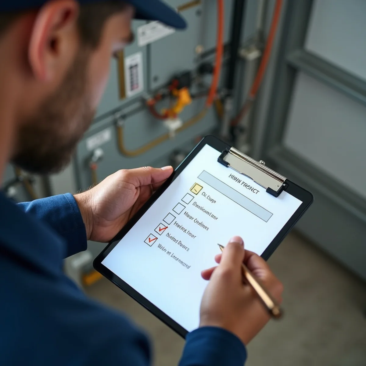Technician checking off items on digital tablet clipboard while reviewing electrical readings with customer during preventive maintenance & filter plans in South Florida