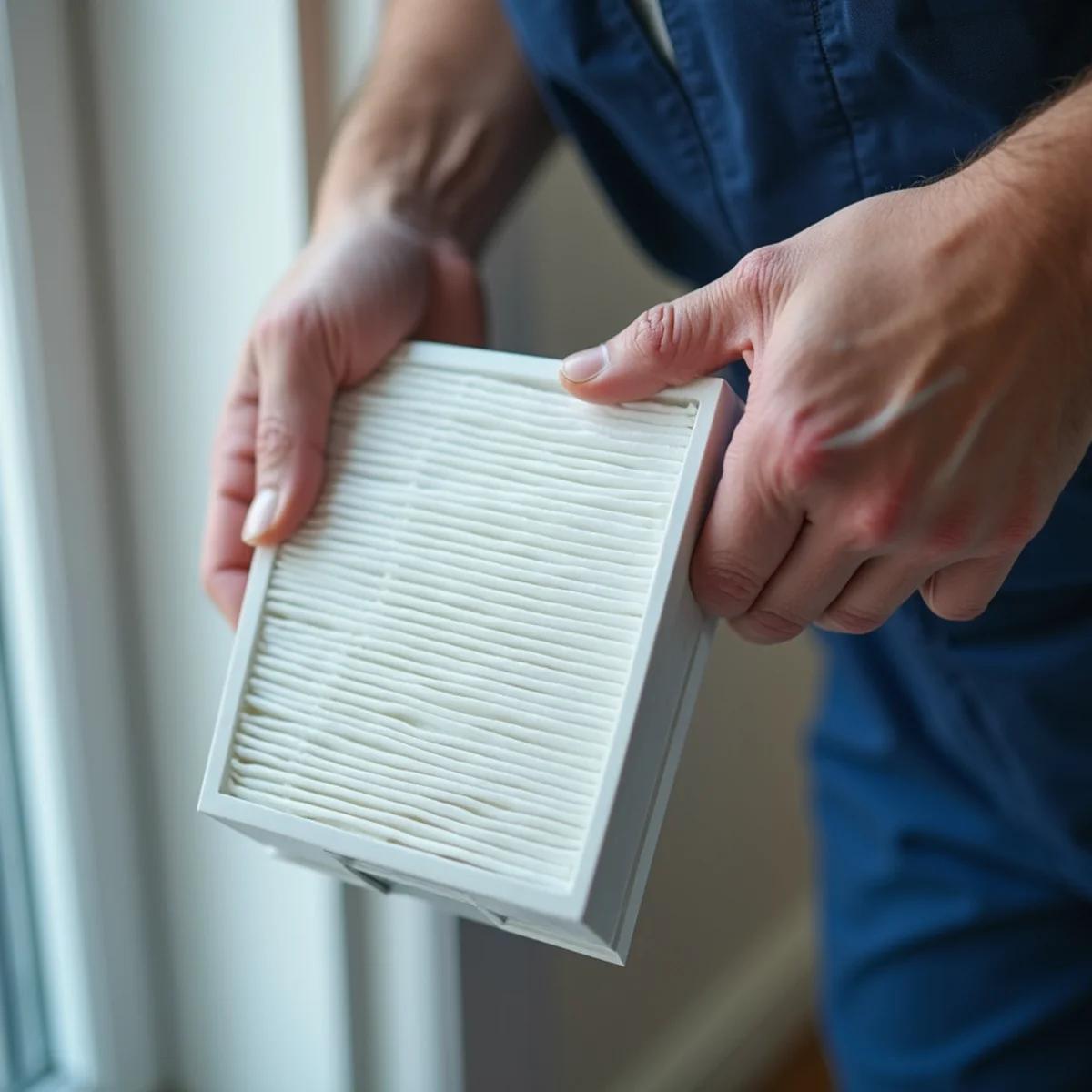 Technician sliding clean white high-efficiency pleated merv-11 air filter into filter grille slot during preventive maintenance & filter plans in South Florida