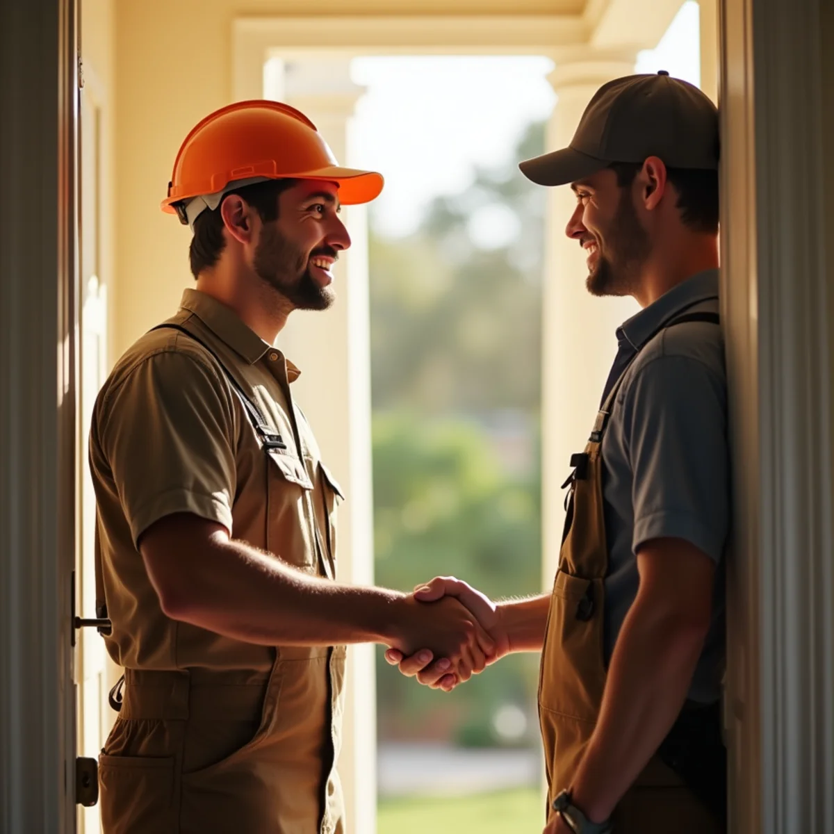 Warm professional handshake at front doorway between smiling technician and relieved homeowner in bright morning sunlight during same-day ac repair in South Florida
