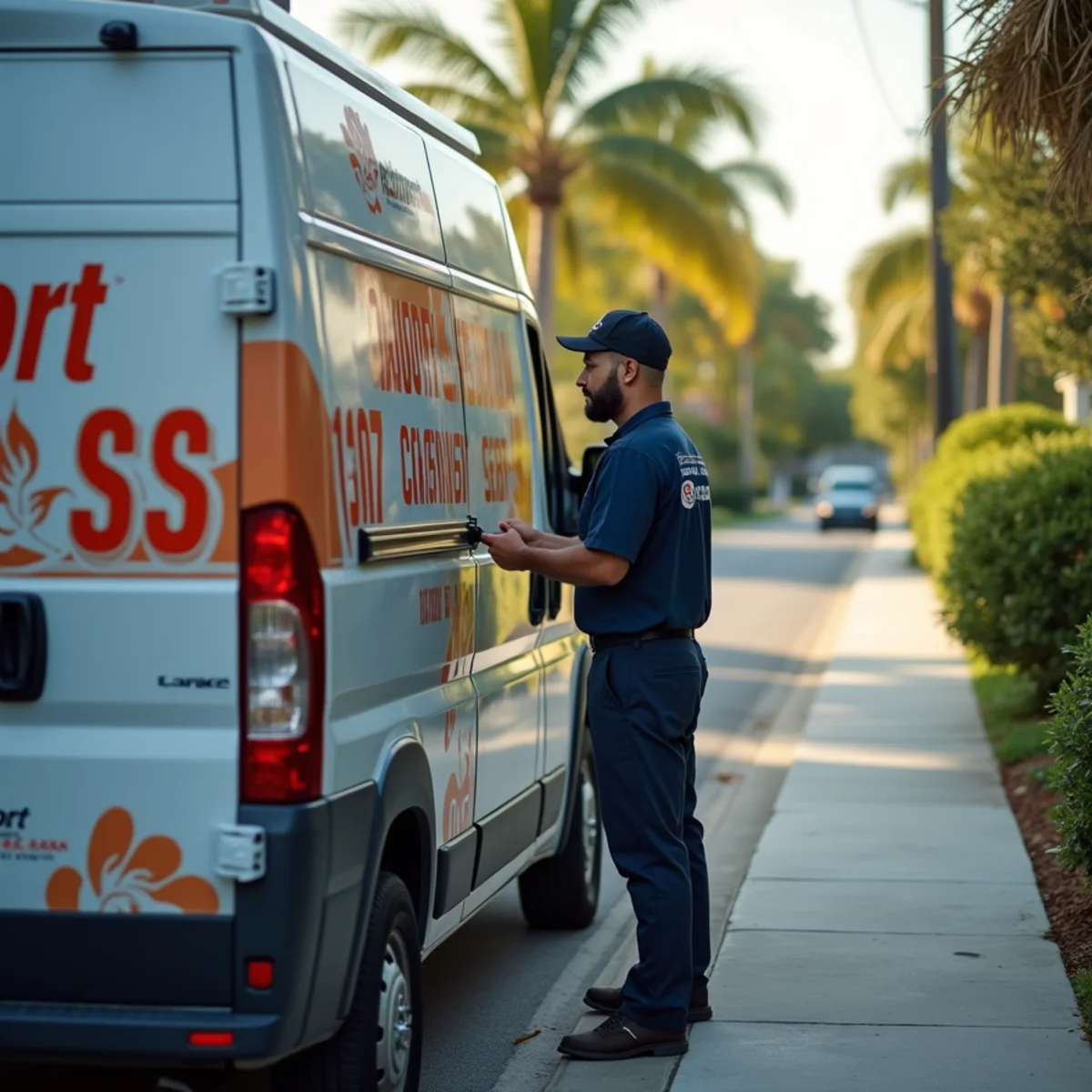 Comfort SOS service van and technician servicing air conditioning in Aventura, FL