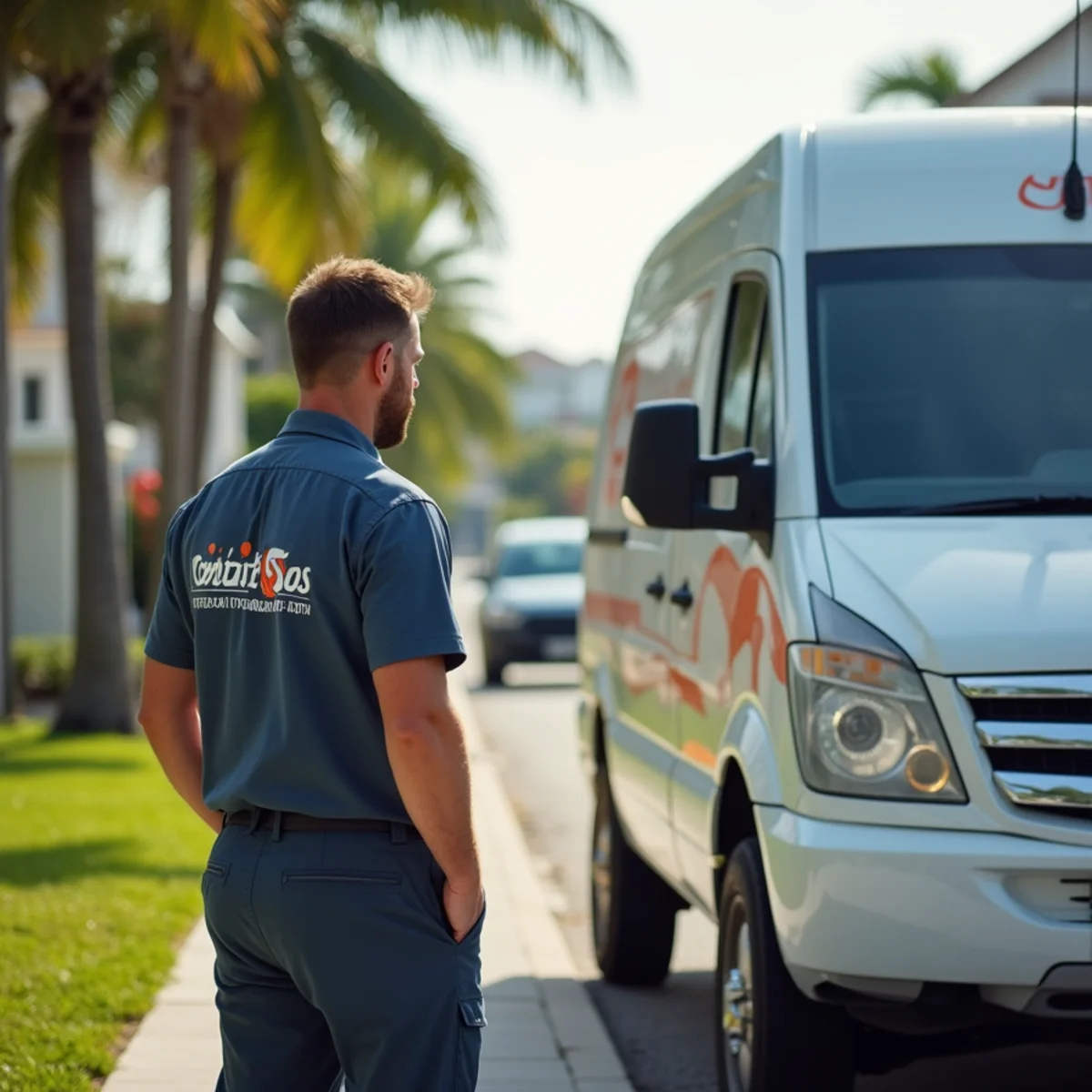 Comfort SOS service van and technician servicing air conditioning in Bal Harbour, FL