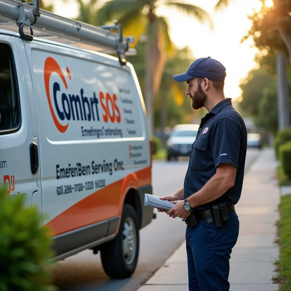Comfort SOS service van and technician servicing air conditioning in Brownsville, FL