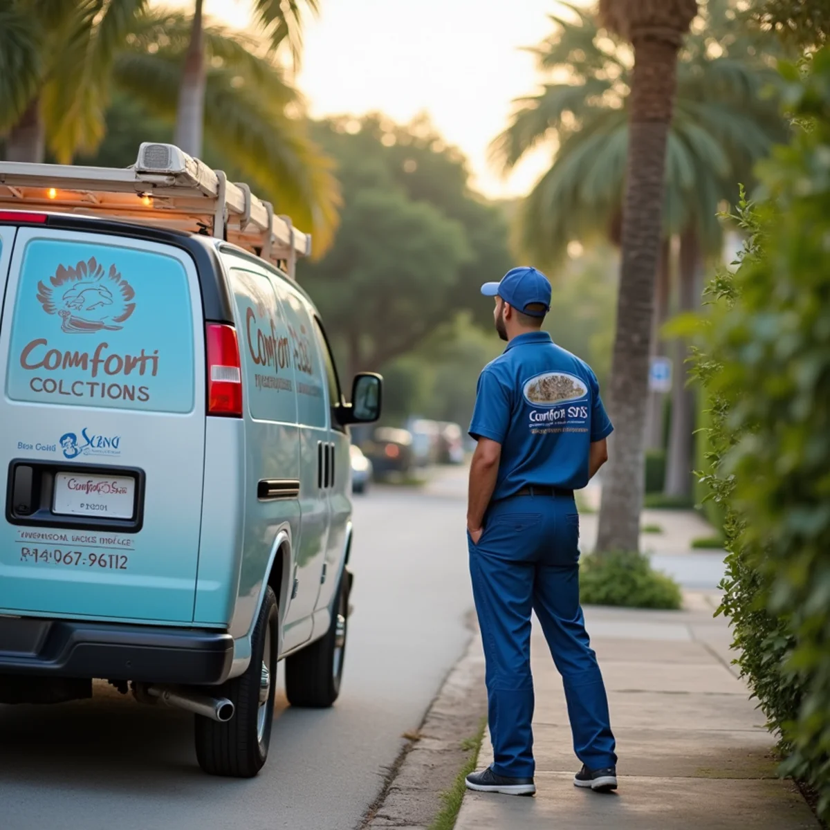 Comfort SOS service van and technician servicing air conditioning in Coral Gables, FL
