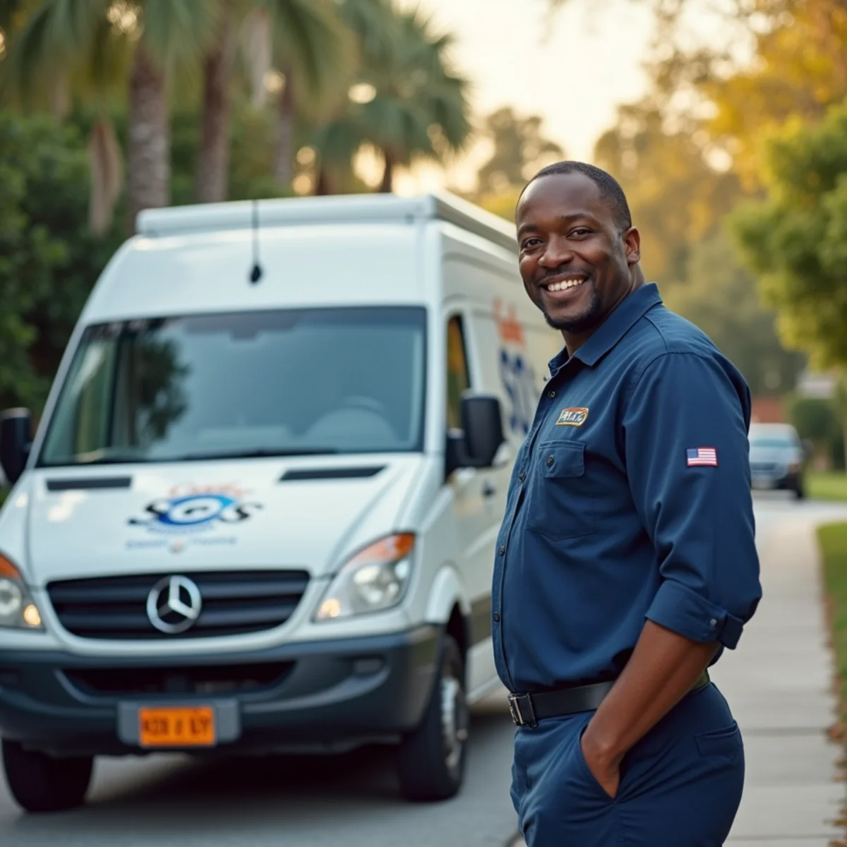 Comfort SOS service van and technician servicing air conditioning in Country Club, FL