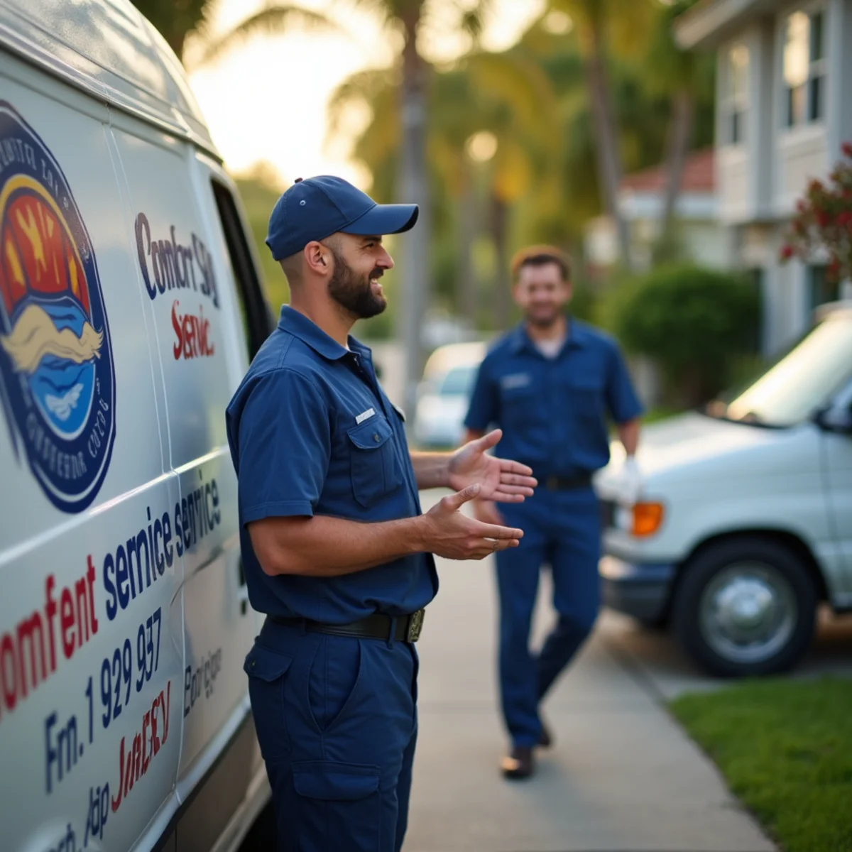 Comfort SOS service van and technician servicing air conditioning in Deerfield Beach, FL