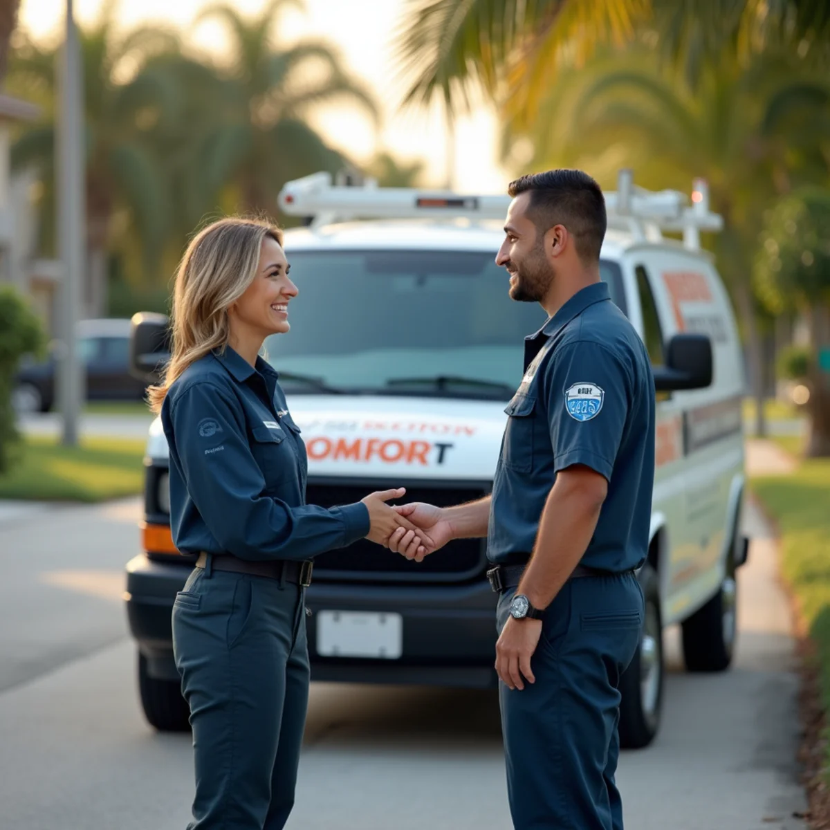 Comfort SOS service van and technician servicing air conditioning in Doral, FL
