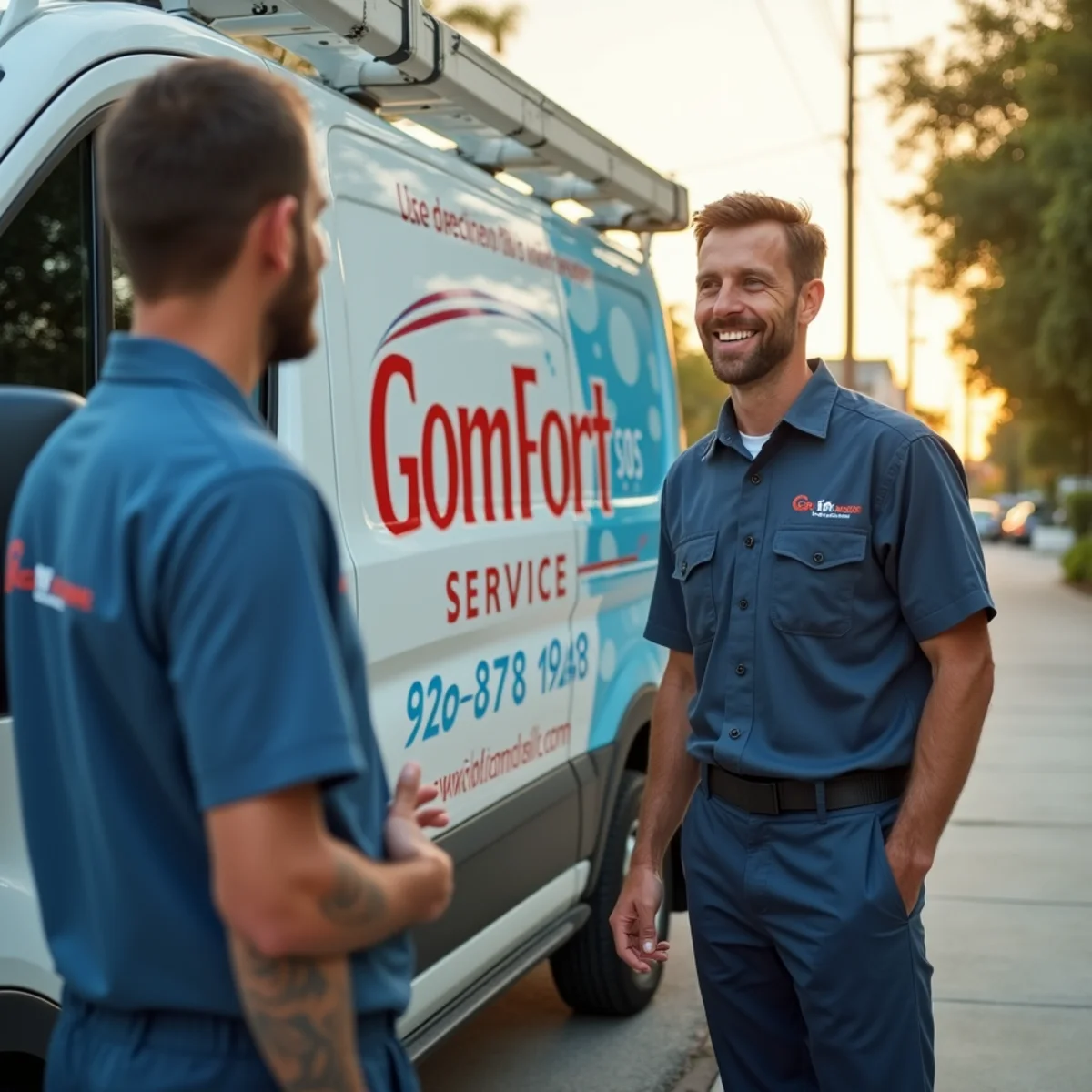 Comfort SOS service van and technician servicing air conditioning in Fontainebleau, FL