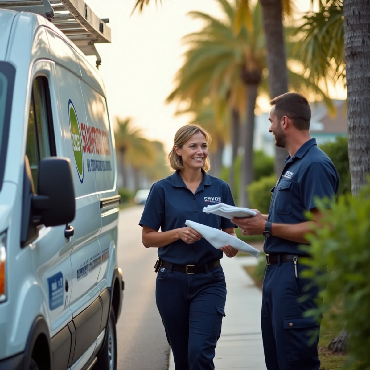 Comfort SOS service van and technician servicing air conditioning in Gladeview, FL