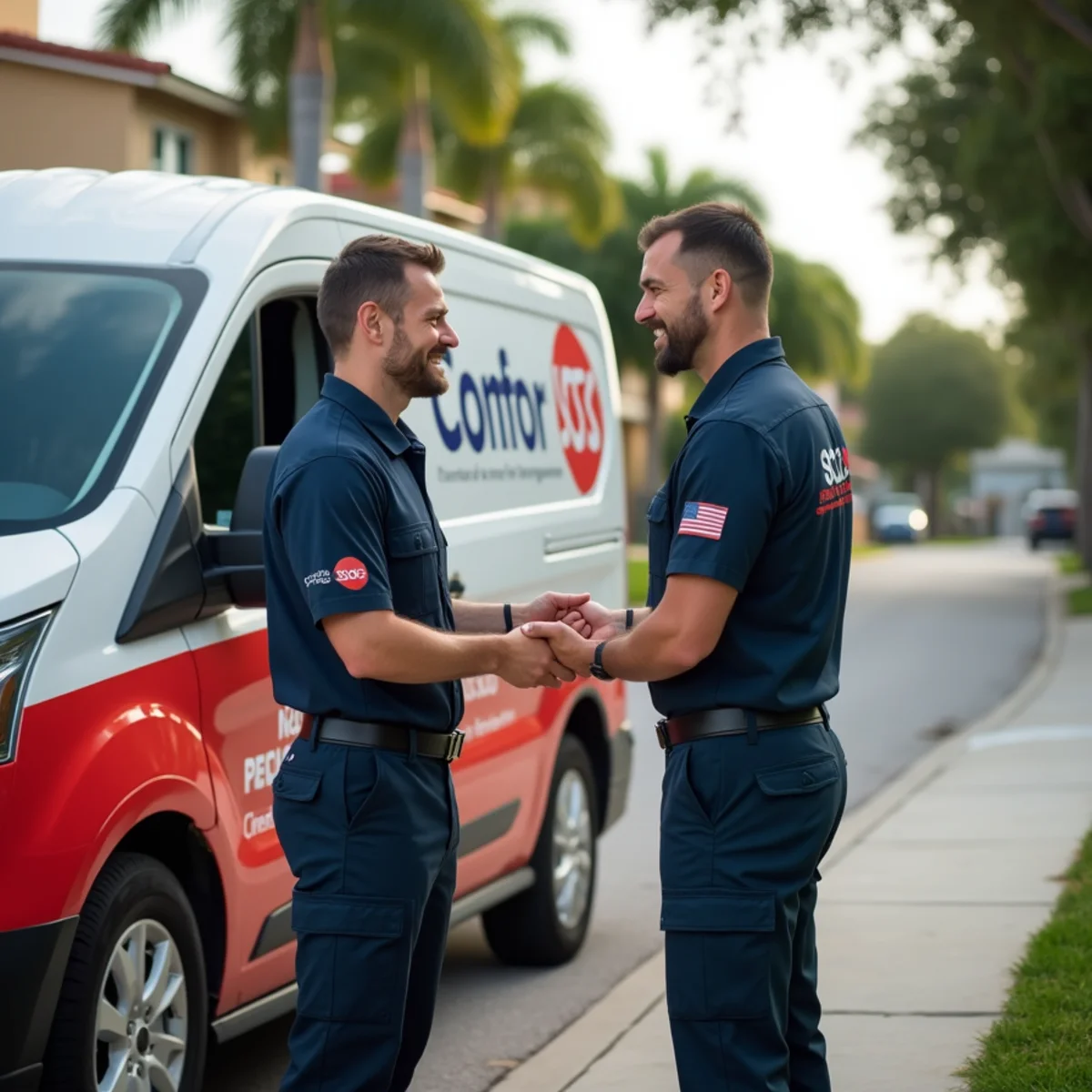 Comfort SOS service van and technician servicing air conditioning in Hialeah Gardens, FL