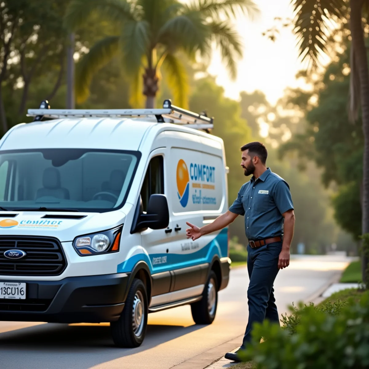 Comfort SOS service van and technician servicing air conditioning in Kendale Lakes, FL