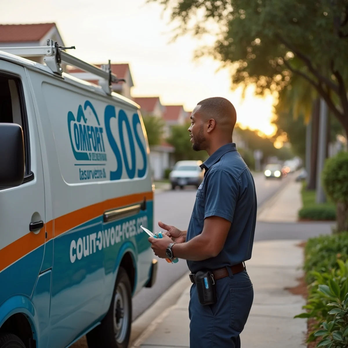 Comfort SOS service van and technician servicing air conditioning in Kendall, FL