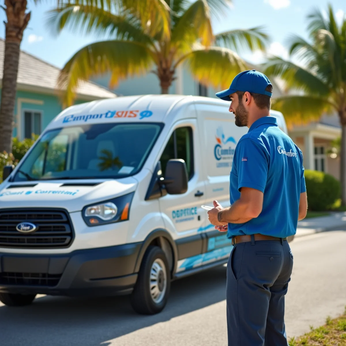 Comfort SOS service van and technician servicing air conditioning in Key Largo, FL