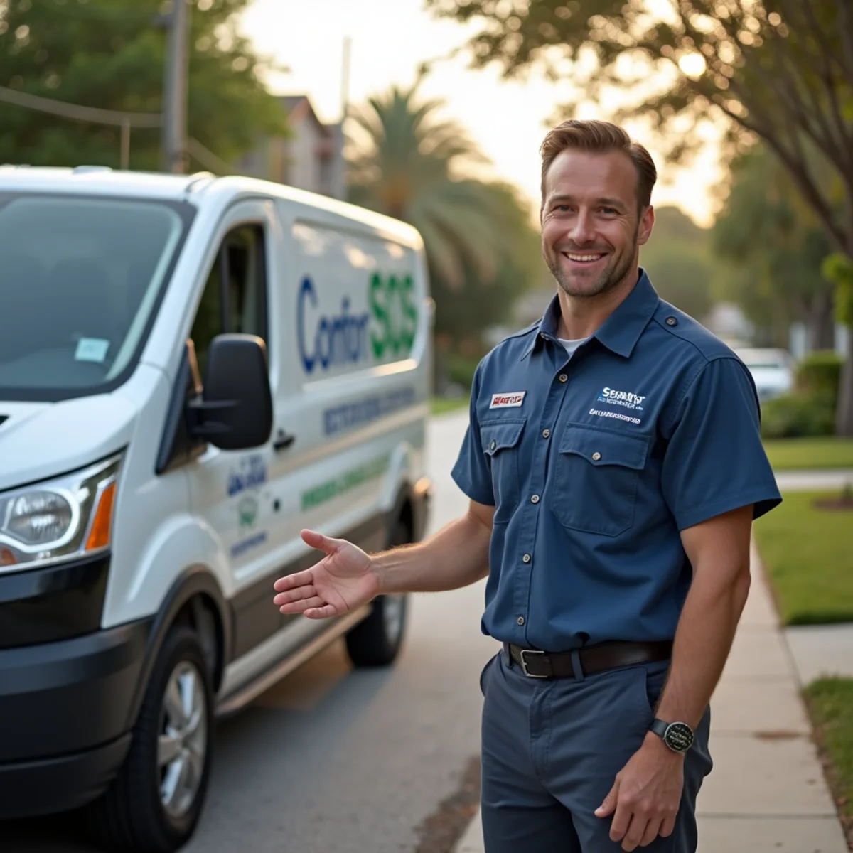 Comfort SOS service van and technician servicing air conditioning in Medley, FL