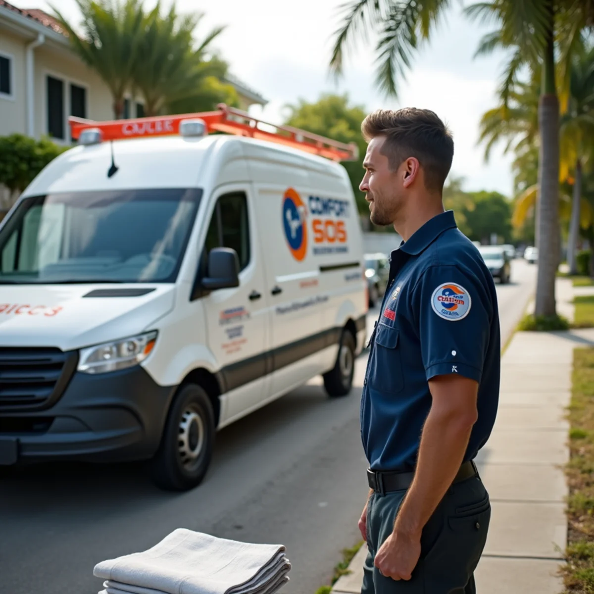 Comfort SOS service van and technician servicing air conditioning in Miami Beach, FL