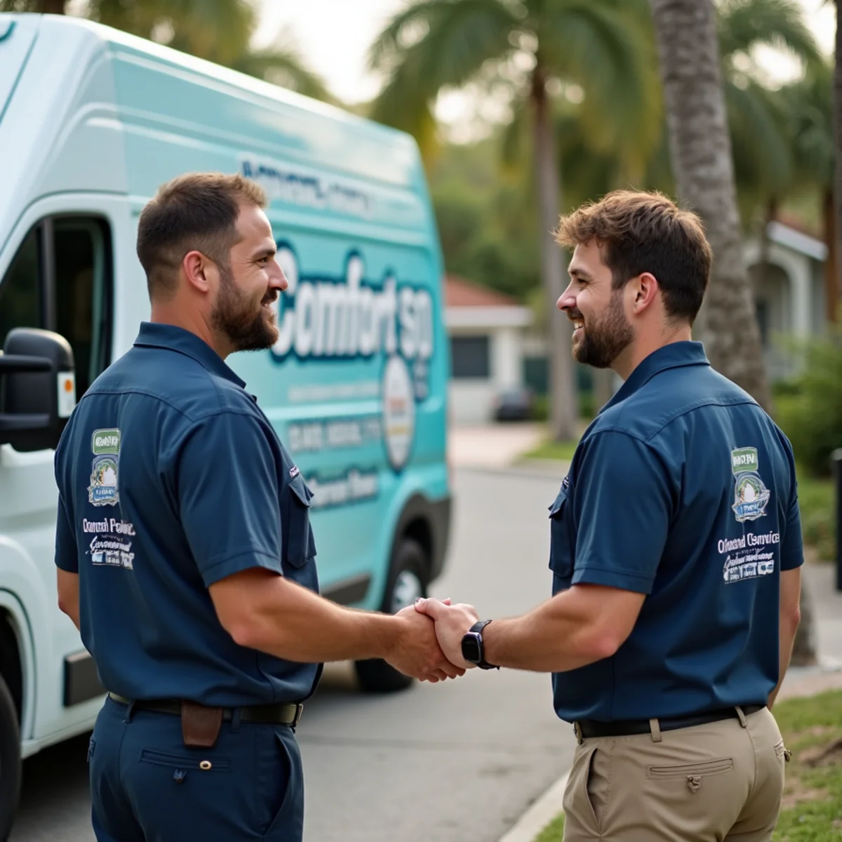 Comfort SOS service van and technician servicing air conditioning in Miami-Dade County, FL
