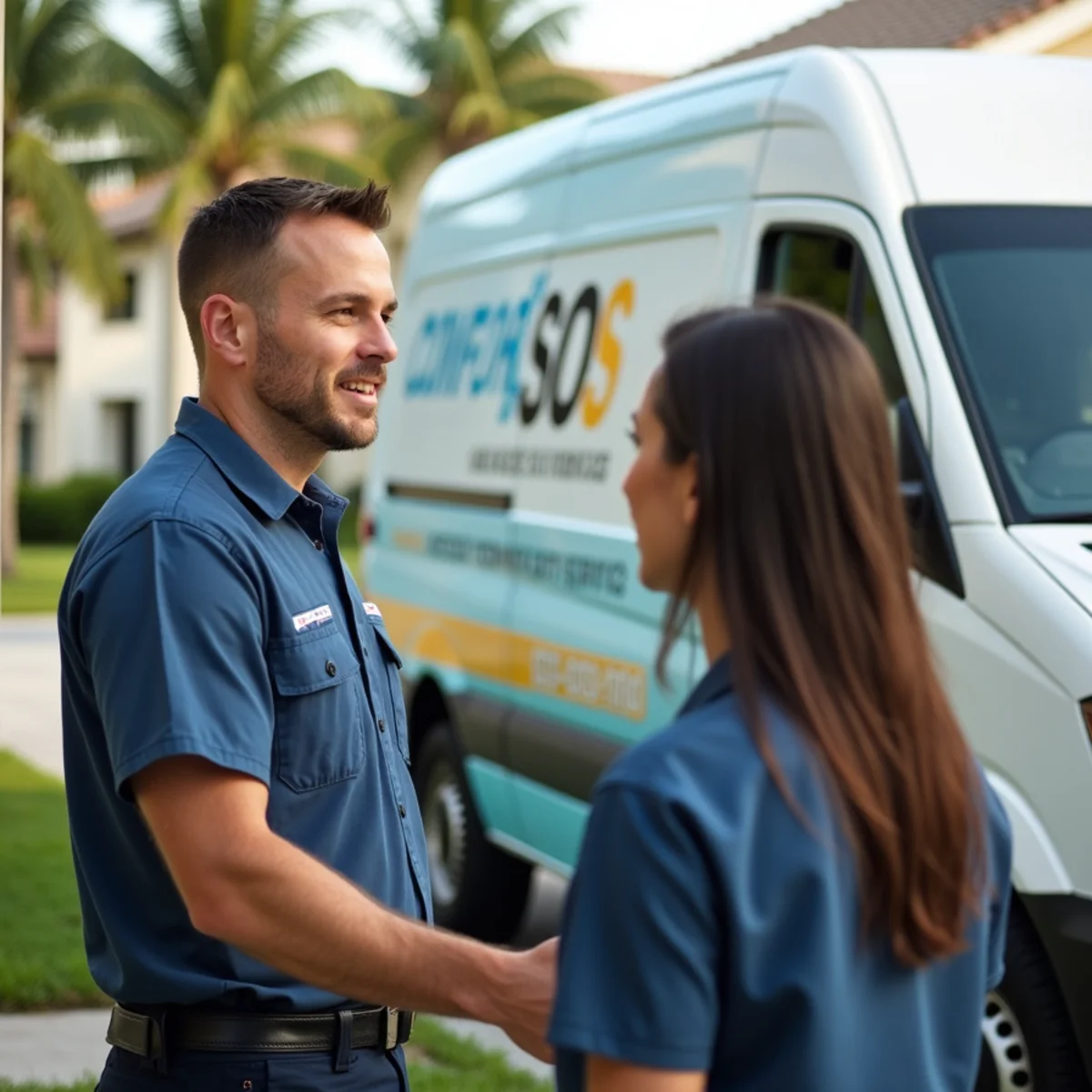 Comfort SOS service van and technician servicing air conditioning in Miami Gardens, FL